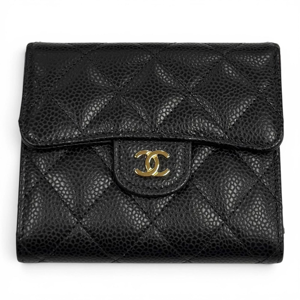 CHANEL Authentic Black Caviar Leather Logo Wallet